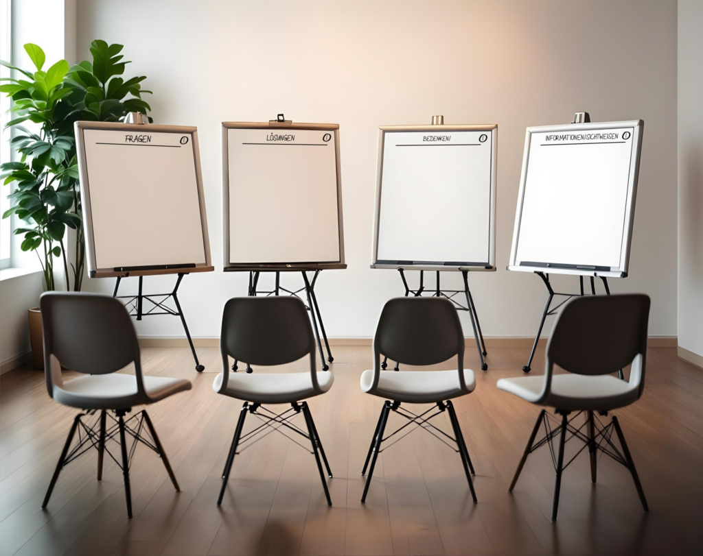 Dynamic Facilitation Setting mit 4 Flipcharts und Stühlen davor